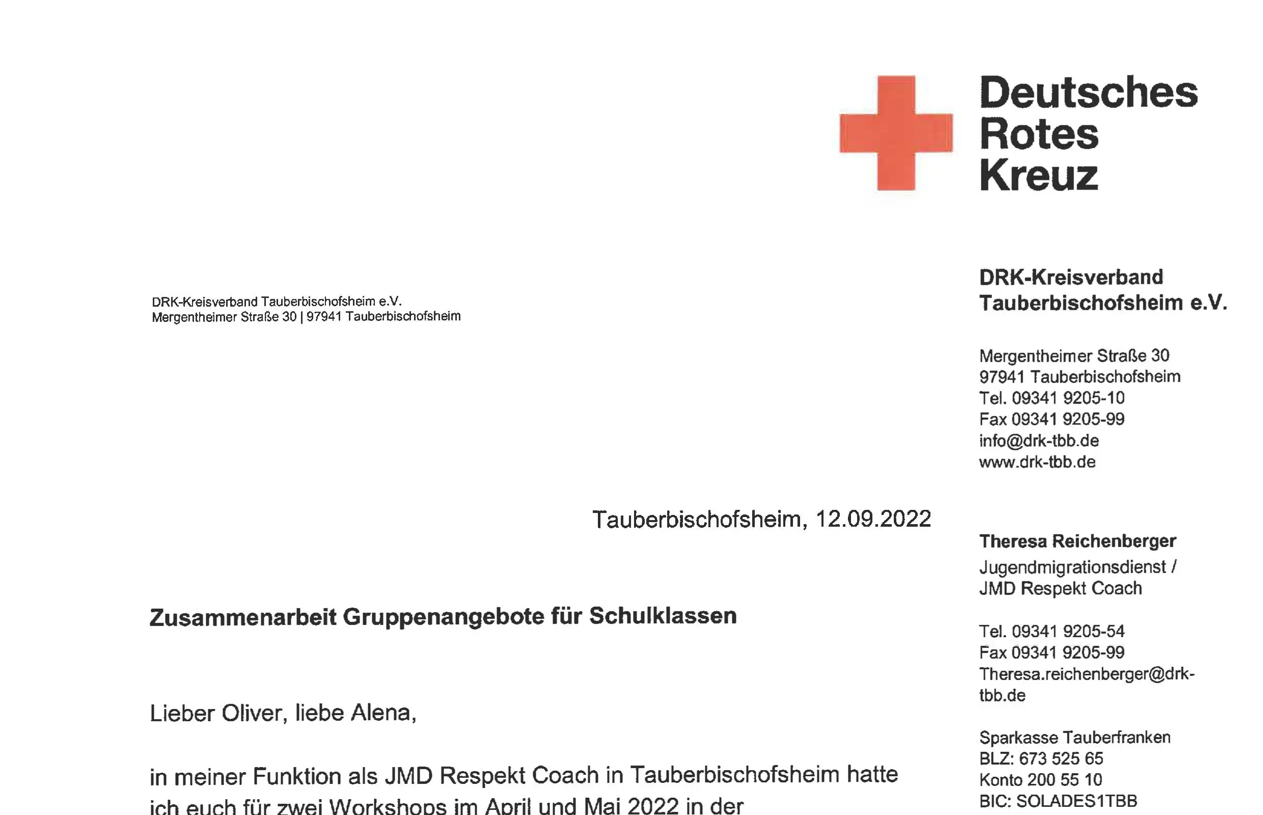 Vorschau des Empfehlungsschreibens vom DRK Tauberbischofsheim