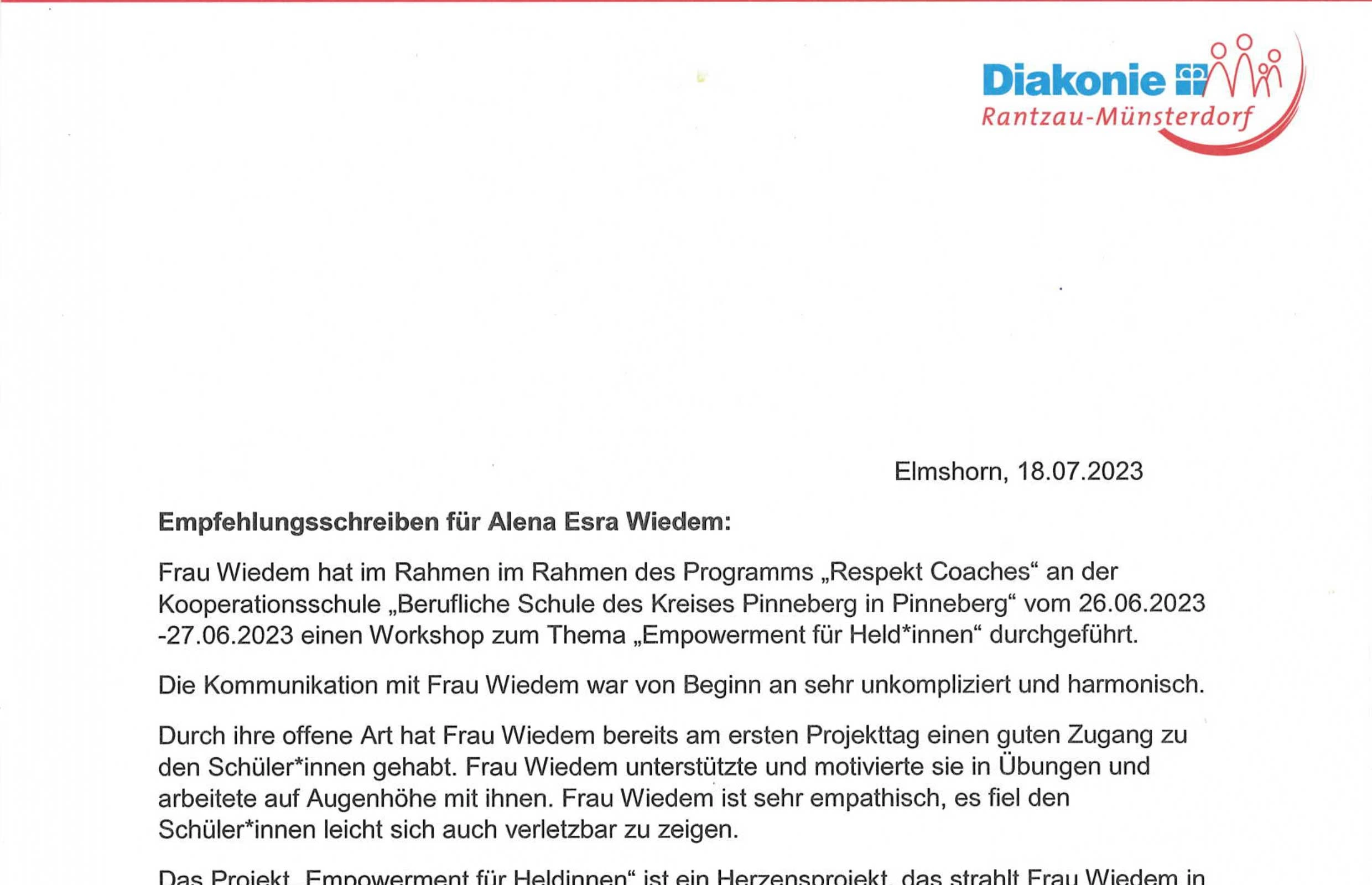 Vorschau des Empfehlungsschreibens der Diakonie Rantzau-Münsterdorf