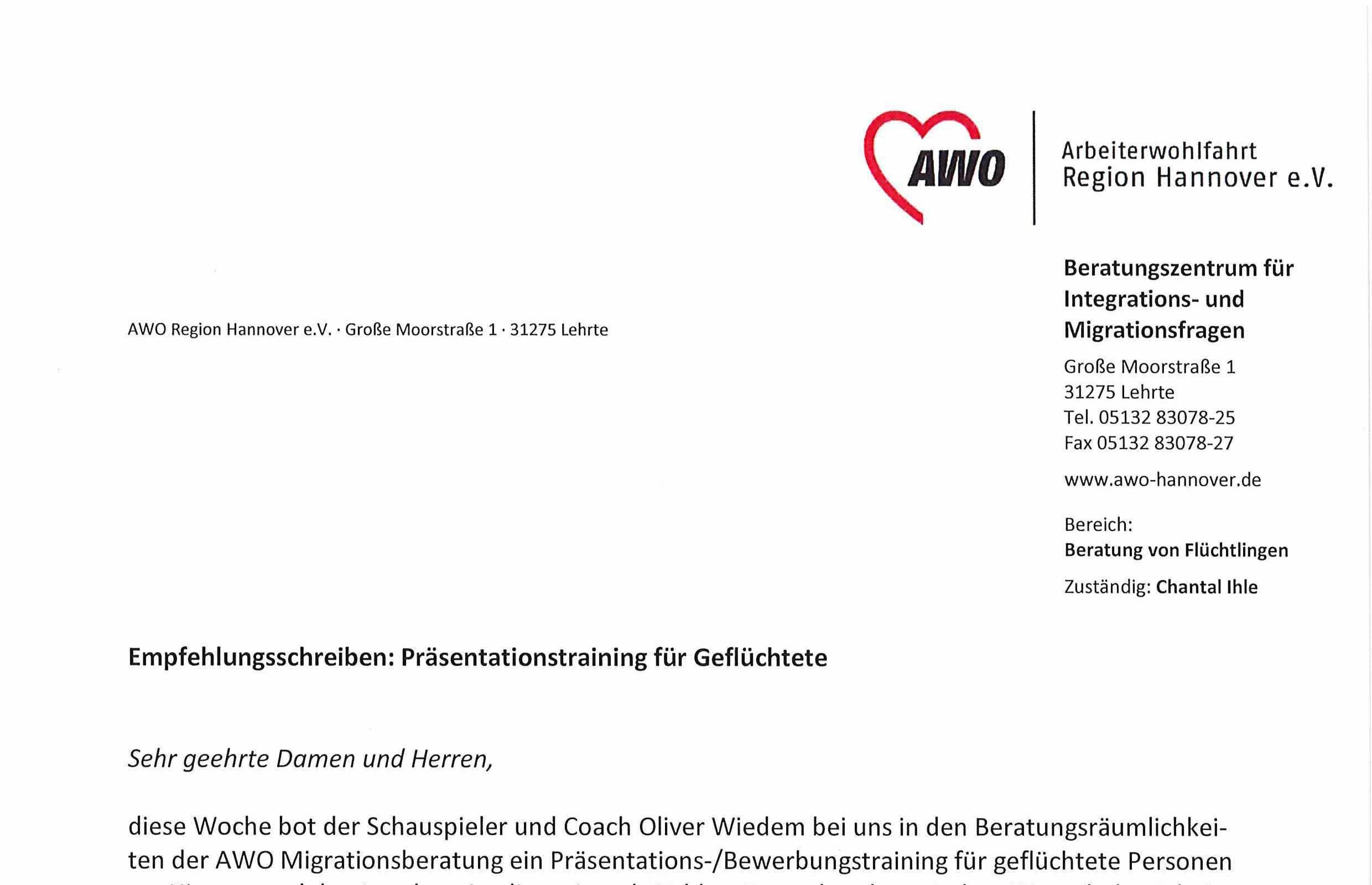 Vorschau des Empfehlungsschreibens der AWO Hannover