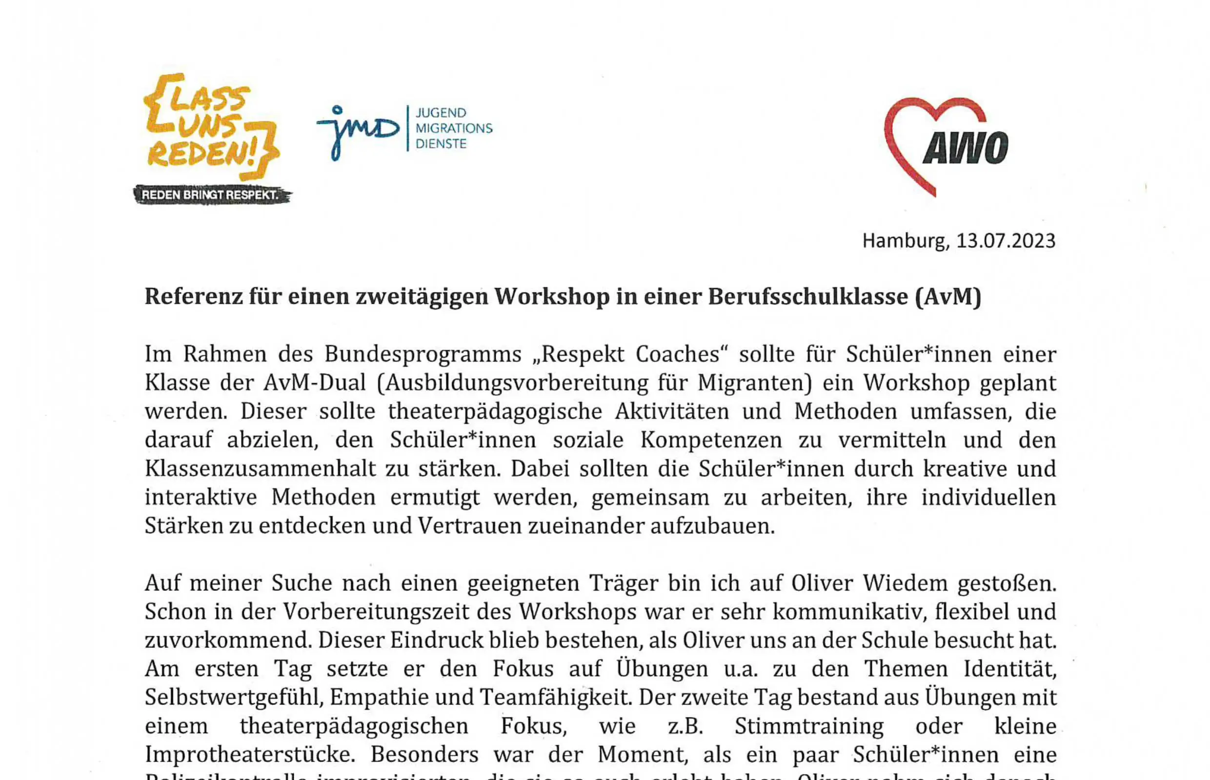 Vorschau des Empfehlungsschreibens der AWO Hamburg